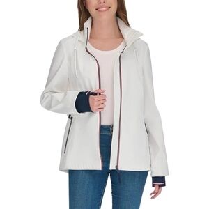 New Tommy Hilfiger Women's White Red Blue Hooded Rain Windbreaker Jacket  XL